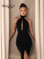 Ahagaga-Vestidos largos sexys con cuello Halter para mujer, vestido liso con agujeros, abertura alta, sin espalda, elegante, ajustado, ceñido a la cadera