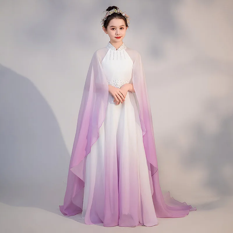 

Girls folk dance Guzheng performance white gradient cape Chinese style hosted catwalk piano performance Hanfu children