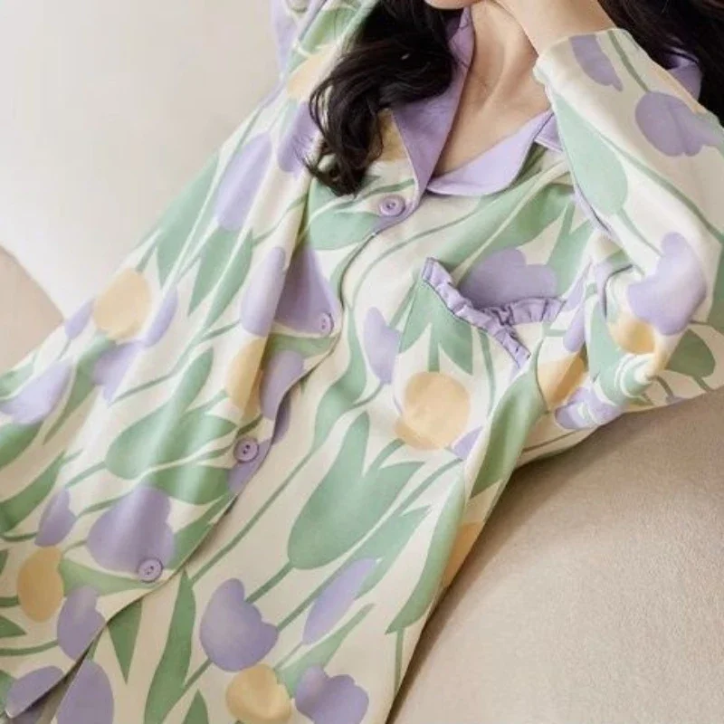 Dames Pyjama Set Lente En Herfst Elegante Tulpenprint Nachtkleding Met Lange Mouwen Nieuwe Koreaanse Mode Losse Homewear Tweedelig Pak