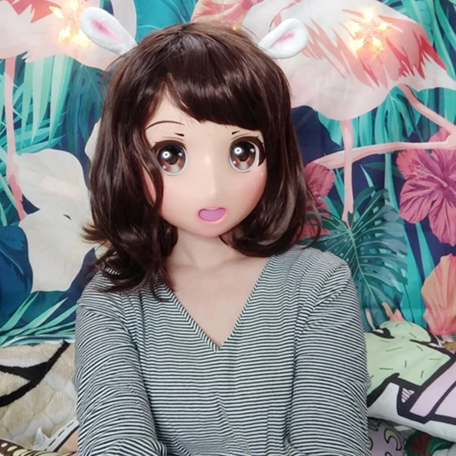 (Caomei-03)Female Sweet Girl Resin Half Head Kigurumi Crossdress Cosplay Japanese Anime Role Lolita Doll Mask  With Eyes And Wig