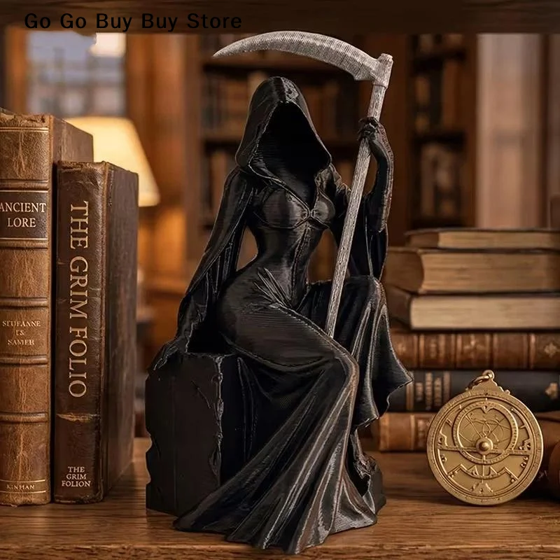 Halloween 3D Printed Female Grim Reaper Resin Statue Gothic Sitting Sculpture With Scythe Dark Aesthetic Decor For Home Office