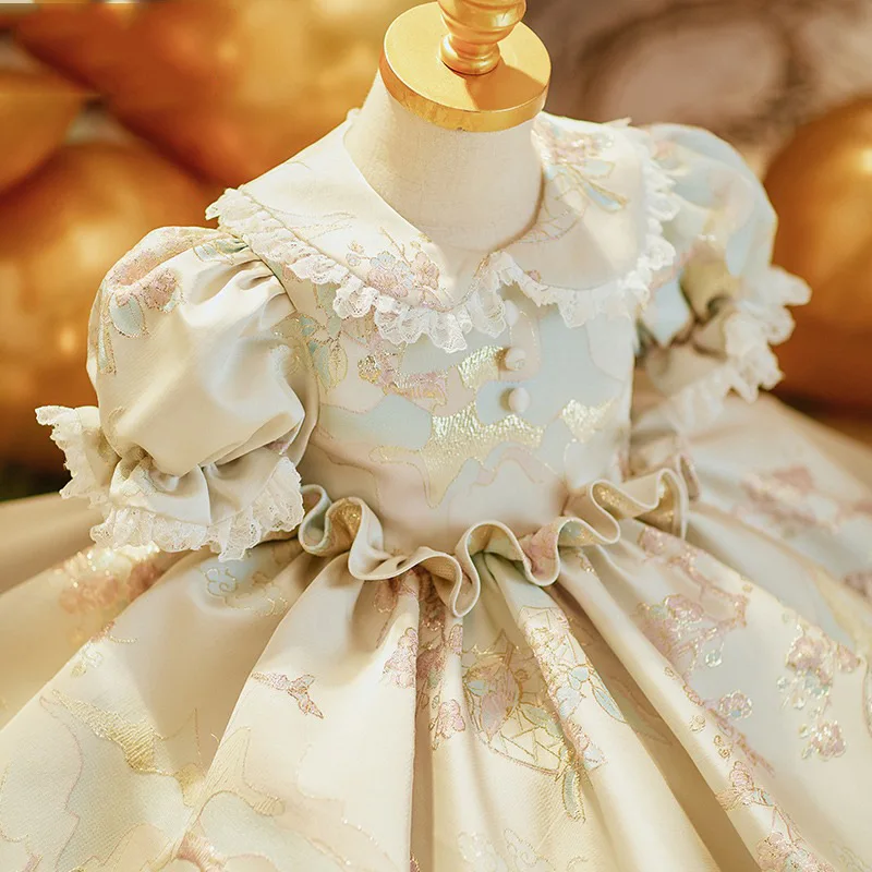 Robe formelle de première communion pour enfants, robe brodée avec nœud, manches à bulles, col beurre, fête d'anniversaire, Rhde promo, enfants, filles