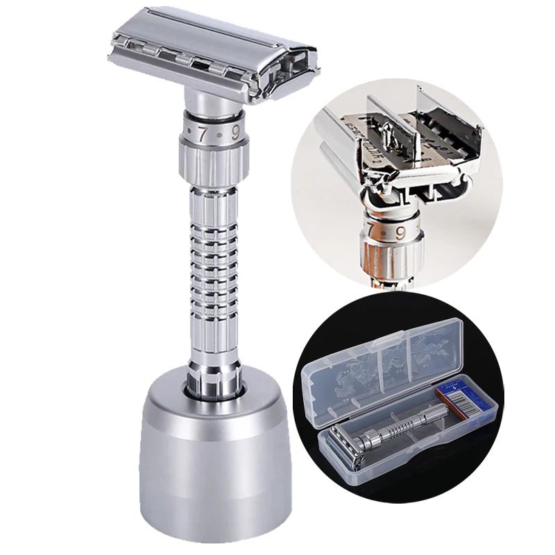 Double Edge Safety Razor Adjustable Classic Mens Shaving Mild to Aggressive Hair Removal Manual Shaver it with 5 Blades