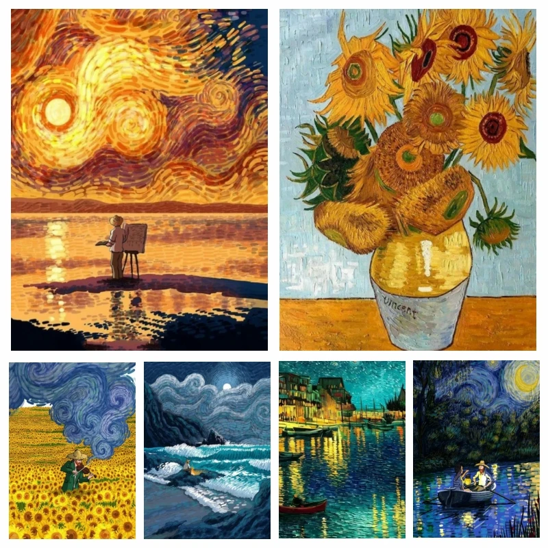 Vincent Van Gogh 5D Diamantmalerei Sternennacht Sonnenblume Farbenfrohe Comic-Ölkunst Kreuzstich-Mosaik Heimdekoration Kreatives Geschenk