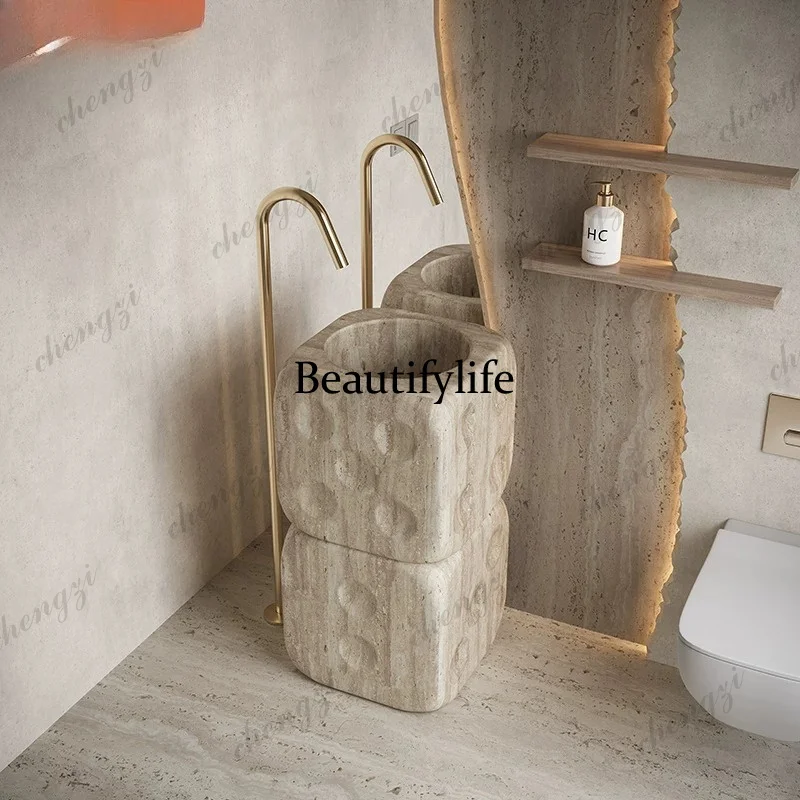 P37 Integrated Floor-standing Artistic Basin, Creative Washbasin, Roman Travertine Sink
