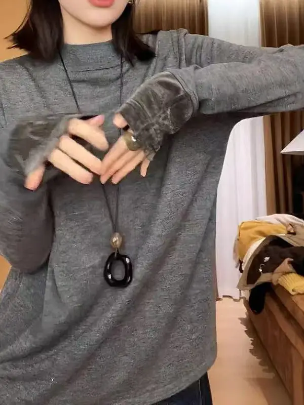 

Loose Fit Casual Long Sve round Ne plus Size Versatile Base Layer irt Comfortable Breathable Velvet Skin-Friendly