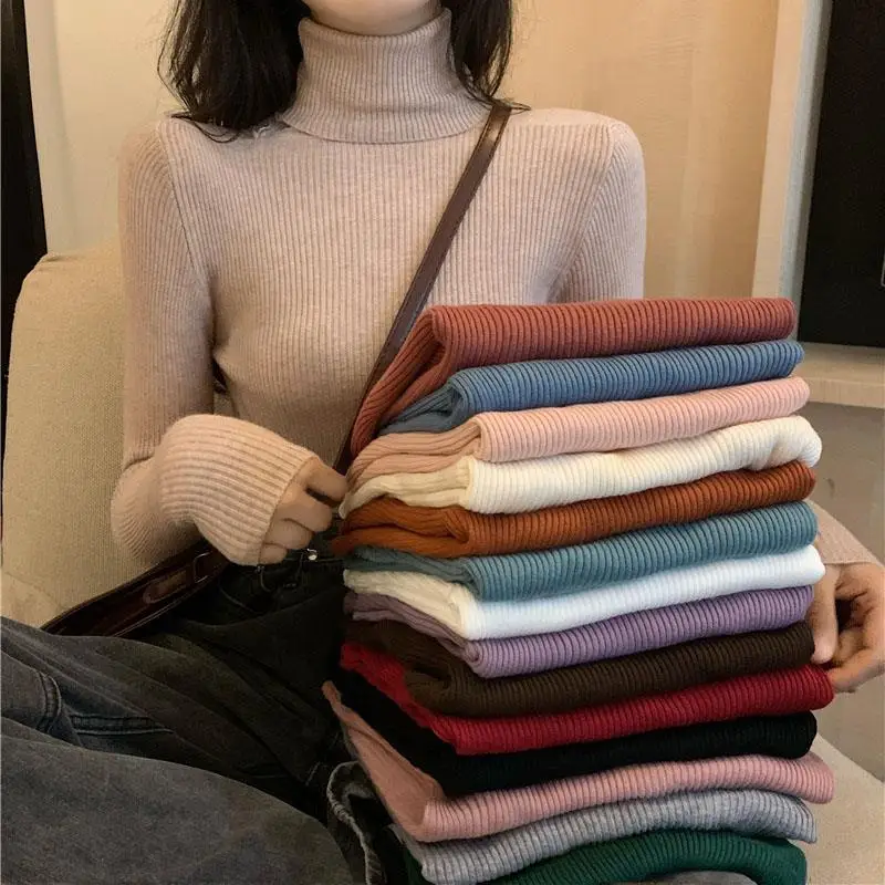 Epligg Sweaters Long Sleeve Solid Basic Knitted Tops Women Turtlneck Sweater Casual Slim Pullover Korean Fashion Simple Clothes