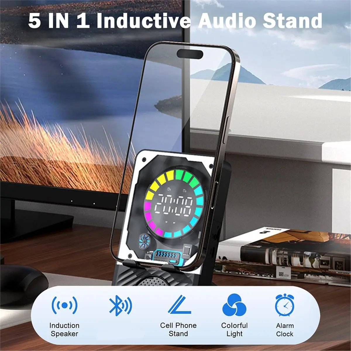 A64I Portable Induction Speaker Mobile Phone Holder RGB Light Wireless Bluetooth Phone Stand Alarm Clock TF Card Slot