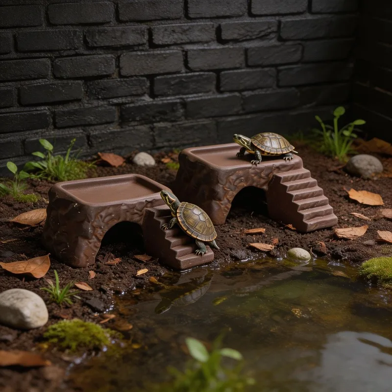 Ceramic Turtle Stairs Climbing Platform Basking Ramp Hideout Feeding Dish Semi Aquatic 4 in 1 Terrarium Ornament Accessories Kit