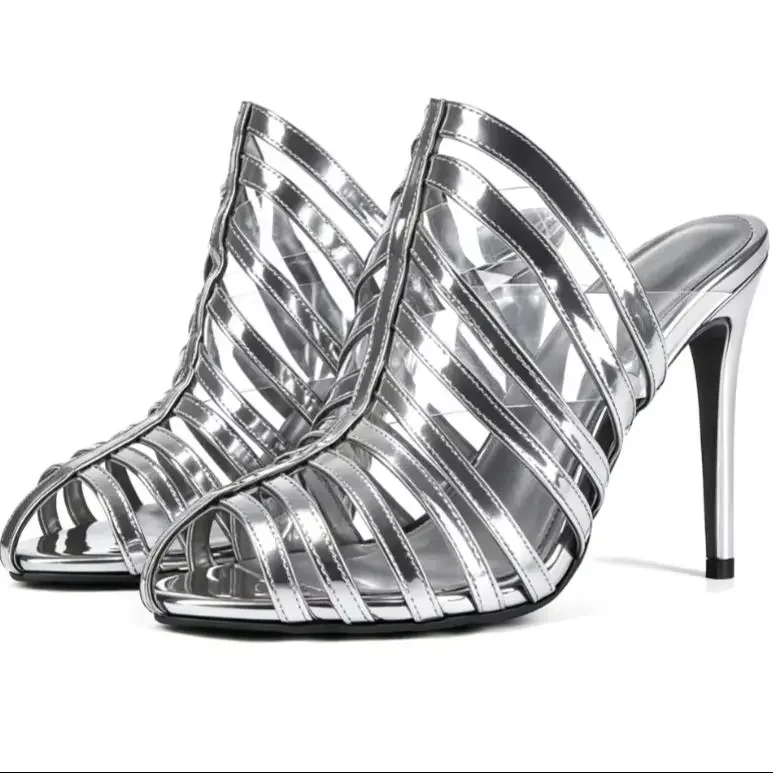 New Fashion Patent Leather Cage Mule Heels Sexy Women Hollow Striped 2026 Summer Peep Toe Slip-On Stiletto Evening Dress Sandals