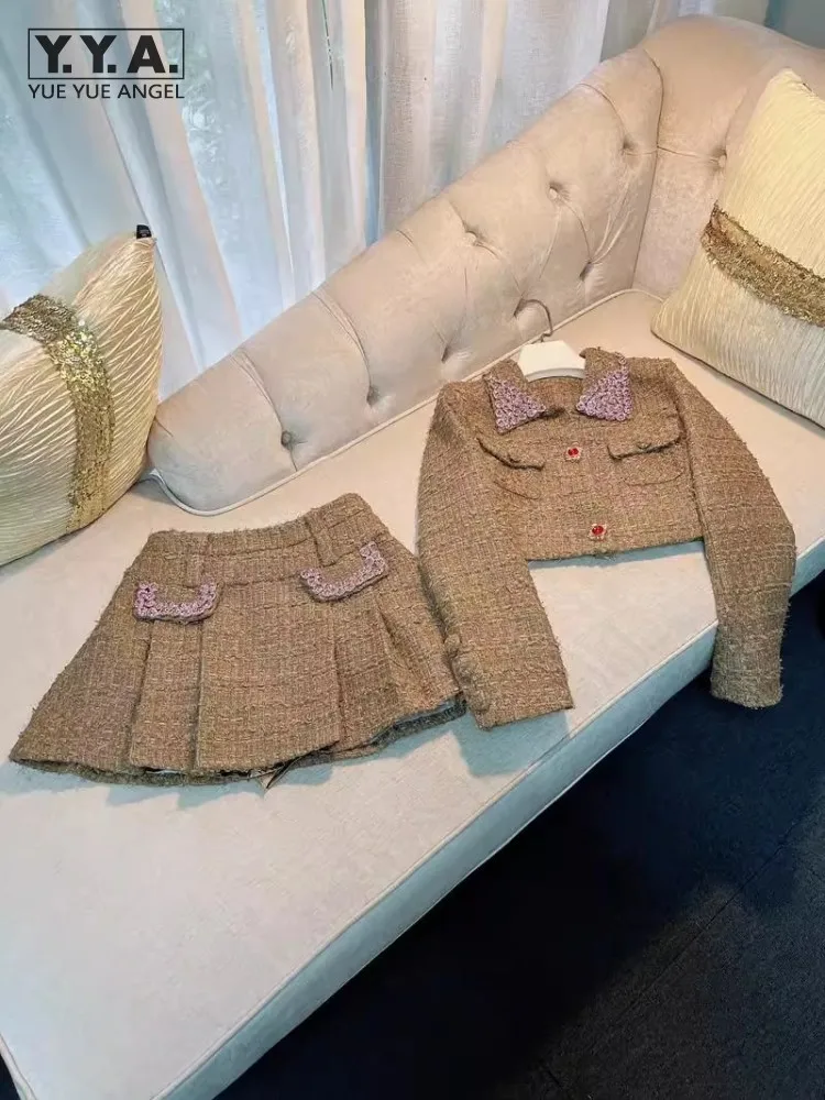 Conjunto de duas peças primavera outono moda feminina diamante tweed jaqueta curta cintura alta saia plissada senhoras vintage doce conjuntos combinando