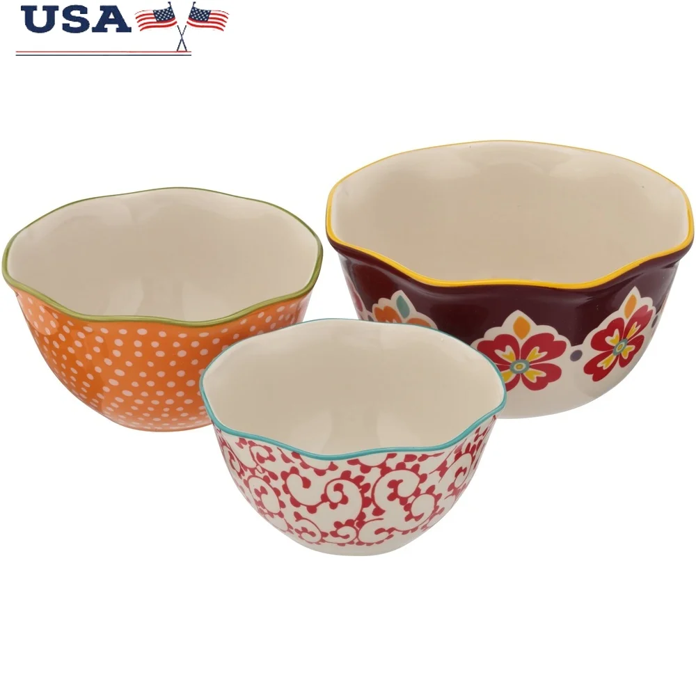 

3-Piece Scalloped Edge Serving Bowl Set Durable Stoneware Dishwasher Microwave Safe Perfect Salads Pasta Vegetables Home Dining