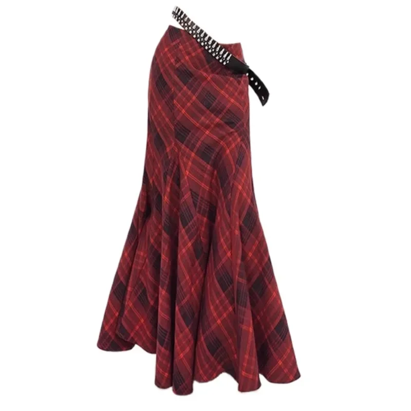 Vintage Fishtail Skirt High Waist A-line Pleated Red Plaid Slim Fit Sexy Hot Girls Long Skirts Korean Fashion Female Clothing