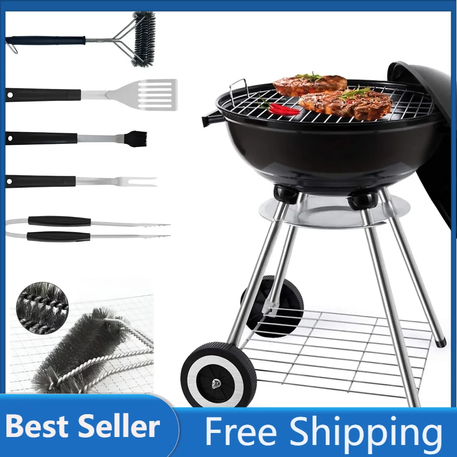 22 Inch Portable Charcoal Grill with Accesories 5 Pieces Grilling Utensil for Outdoor Cooking Barbecue Camping BBQ Kettle Grill