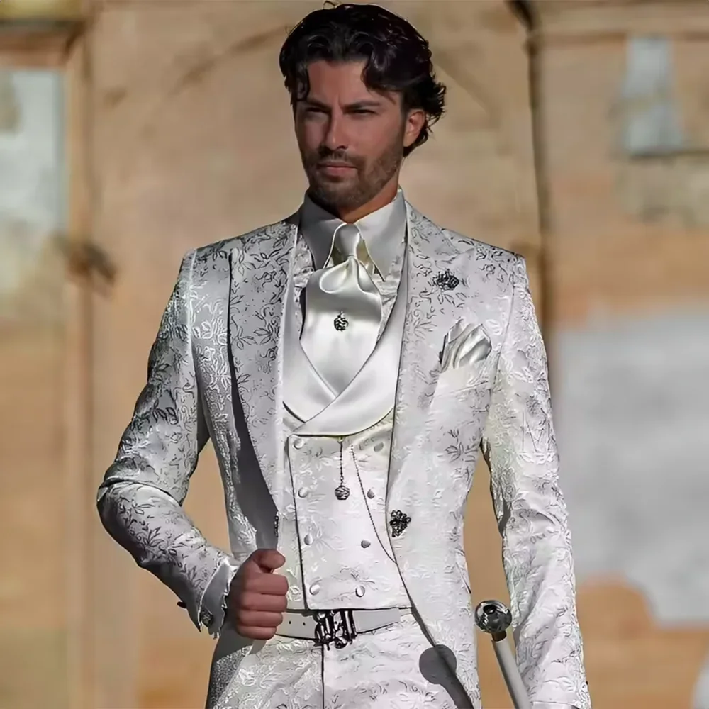 White Floral Jacquard Men's Wedding Suit 3pcs Jacket Vest Pants Slim Wear for Groom Dinner Party Custom Tuxedo
