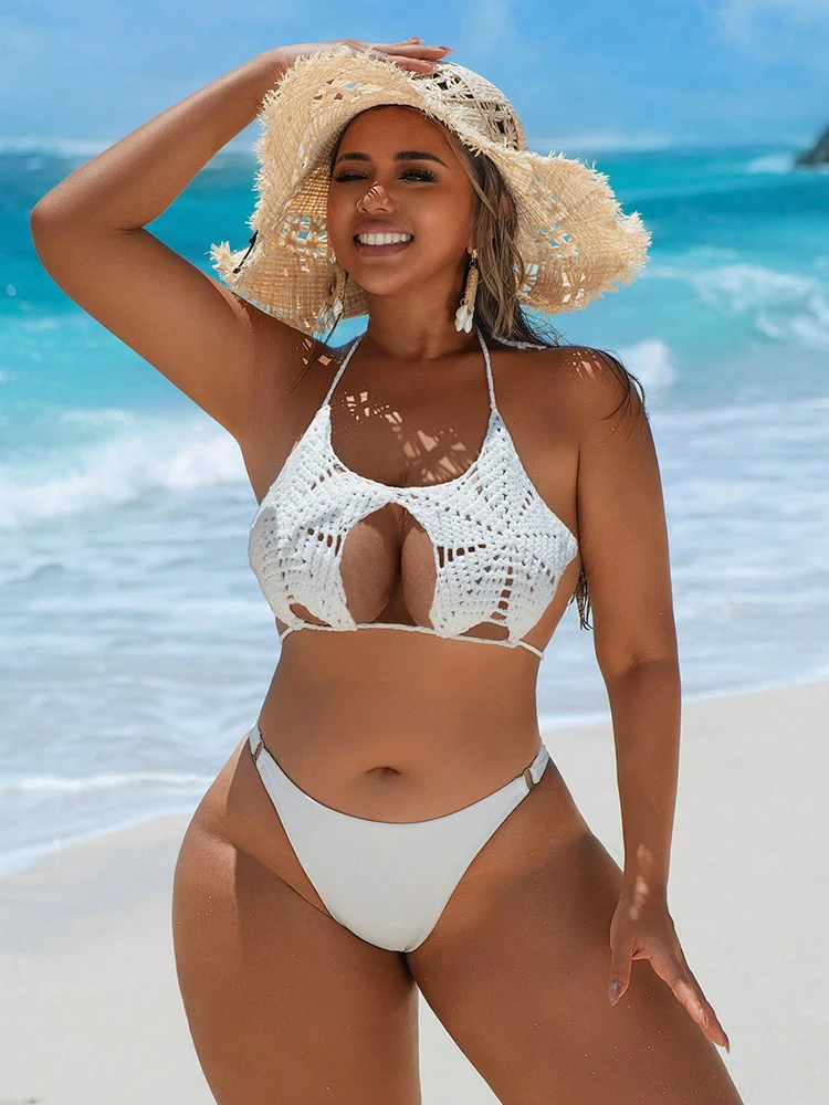 Plus rozmiar seksowne kobiety pięcioramienna gwiazda Halter Strappy szydełkowe bikini dzianinowy top od bikini damski strój kąpielowy kąpiący pływać kostiumy kąpielowe