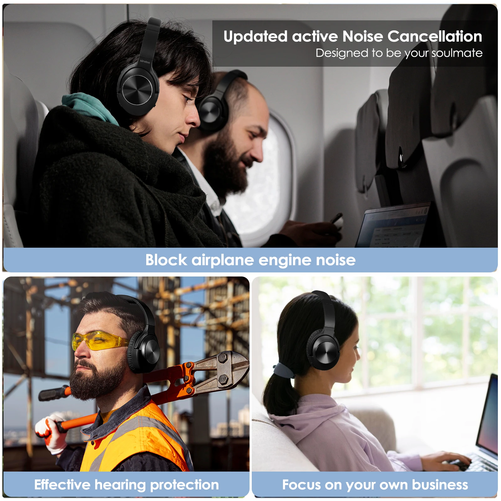 Siindoo Active Noise Cancelling Headphones, Wireless Over Ear Bluetooth 5.3 Headset, 65 Hrs Playback, Deep Bass, Built-in Mic