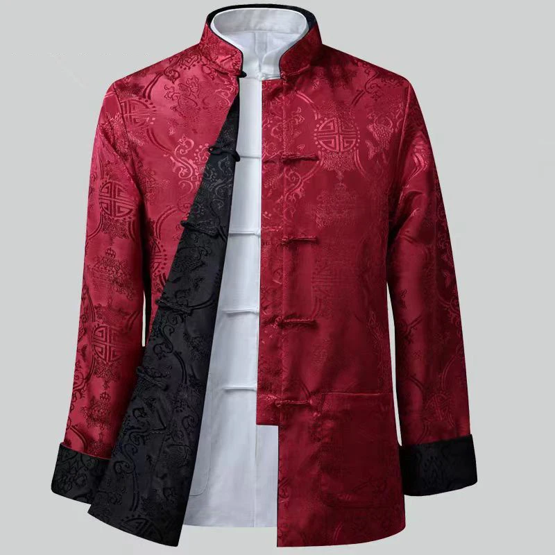 S-3XL Double-side Men's Tang Clothing Imitates Silk Embroidery Chinese Traditional Tai Chi Costume Mandarin Collar KungFu Jacket