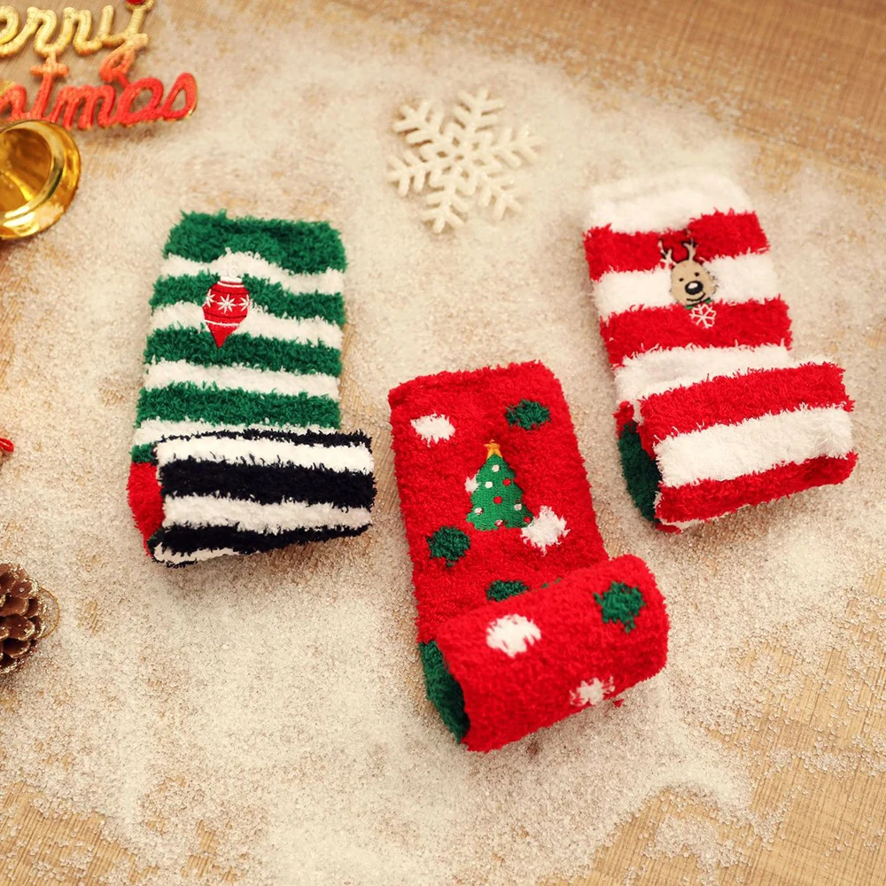 Christmas Coral Fleece Socks Cute Santa Claus Striped Women Socks Winter Thick Warm Fluffy Home Floor Sleep Socks New Year Gifts