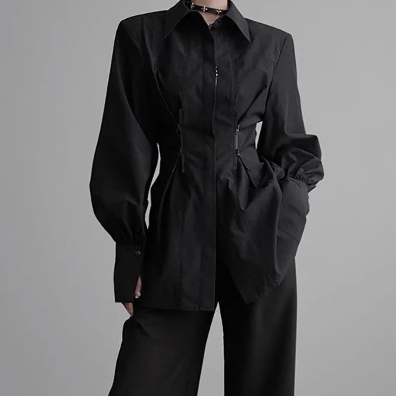 

KWTX женская черная рубашка с длинным рукавом на молнии, весна-лето 2024, повседневная роскошная дизайнерская модная блузка с завязками на талии High Street