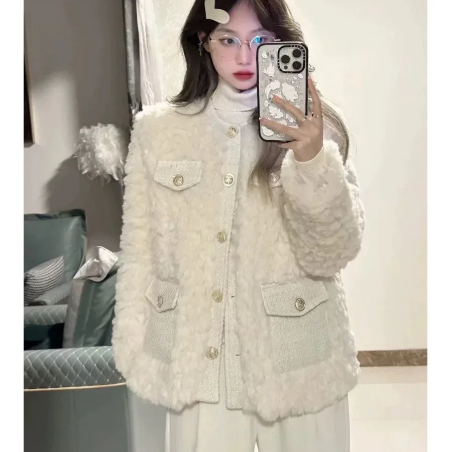 Tagkita Women's Thickened round Neck Coat Luxury  Fur Simulation Rabbit Hair Winter Outerwear Fashion Commute Style