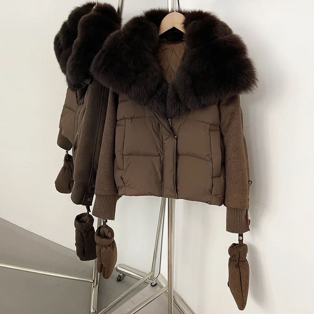 OFTBUY Echter Fuchspelzkragen Daunenjacke mit Abnehmbaren Handschuhen Neue Winterkleidung Damen Patchwork Weiße Entendaunen Kurze Jacke – Detail 7