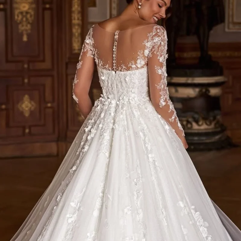 White Appliques Lace Wedding Dresses off-shoulder long sleeves 3D flower decal Bridal Gowns Made Customized