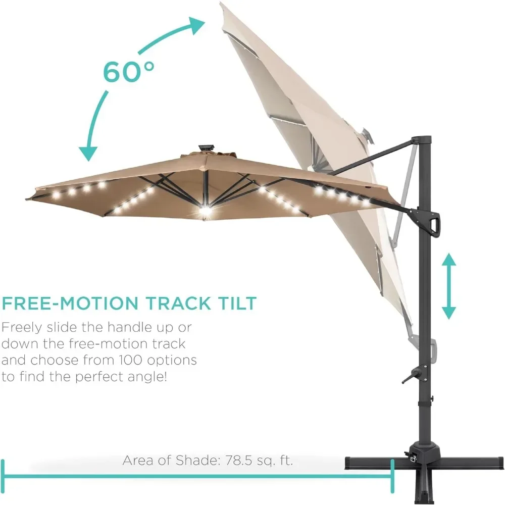 Led 10 Ft Solar Cantilever Patio Paraplu, 360 Graden Rotatie Hangende Offset Markt Buiten Zonnescherm Voor Achtertuin, Zwembad