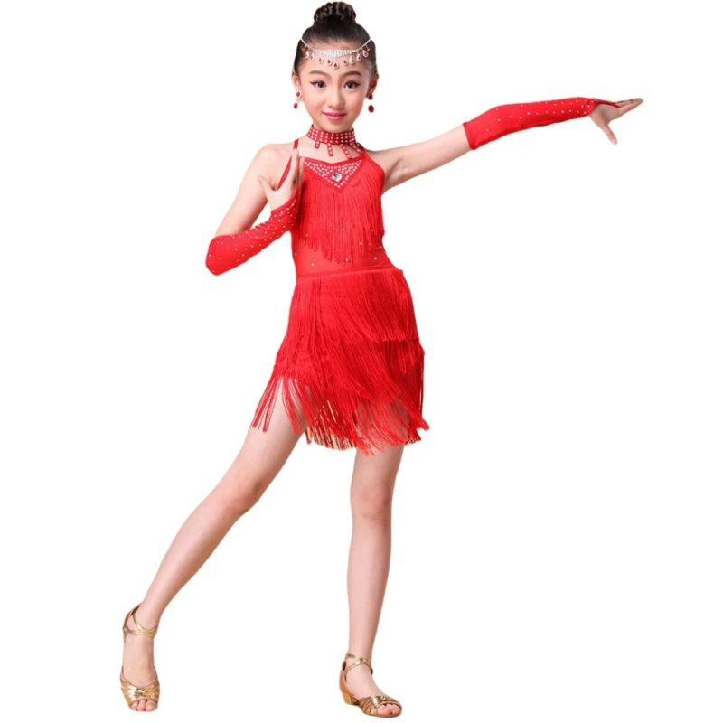 3-15T Kids Sequin Latin Dance Tassel Dress Girls Fashion Cha Cha Salsa Tango Dance Outfit Stage Costume