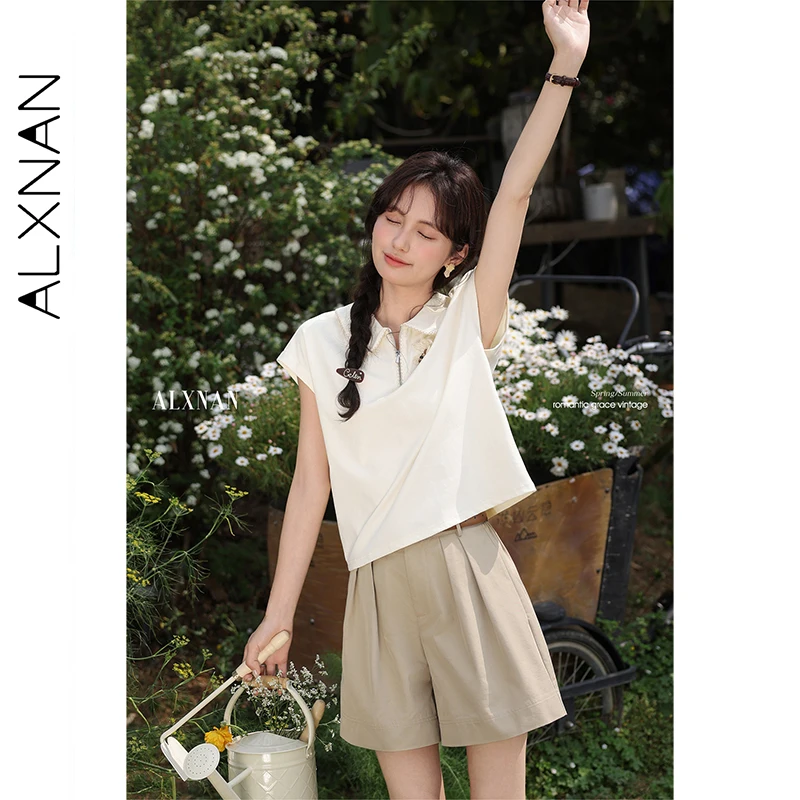 ALXNAN T-Shirt mit Polokragen, kurzärmelig, Baumwolle, Damen-T-Shirt, 2025, elegantes 3D-Blumen-Reißverschluss-Design, lässige Oberteile, Damen, L55210