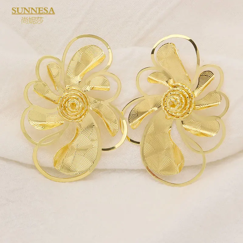 SUNNESA Elegant Golden Big Flower African Clip Earrings for Women Fashion Dubai Party Jewelry Trendy Engrave Hollow Earrings