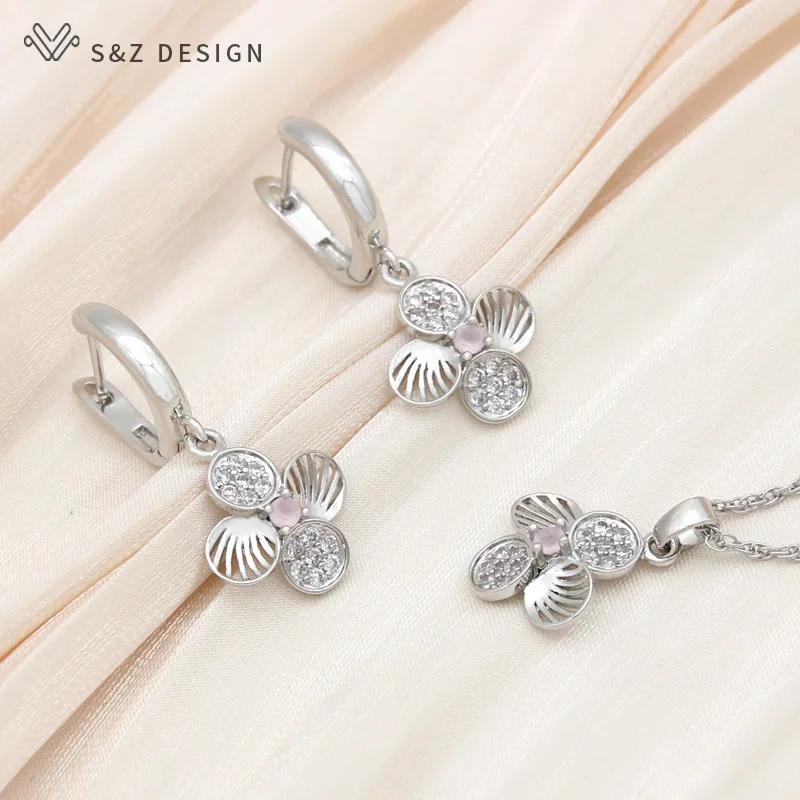 S&Z DESIGN New Fashion 585 Rose Gold Color Four-leaf Clover Drop Earrings Jewelry Sets For Women Zirconia Pendant Necklace