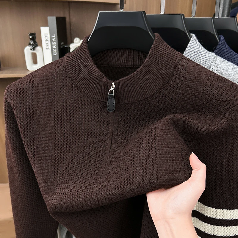 Hochwertiger Herrenpullover Herbst Winter Neuer Reißverschluss Stehkragen Modemarke Klassisches Streifenmuster Koreanischer Casual Jacquard Strickpullover – Detail 11
