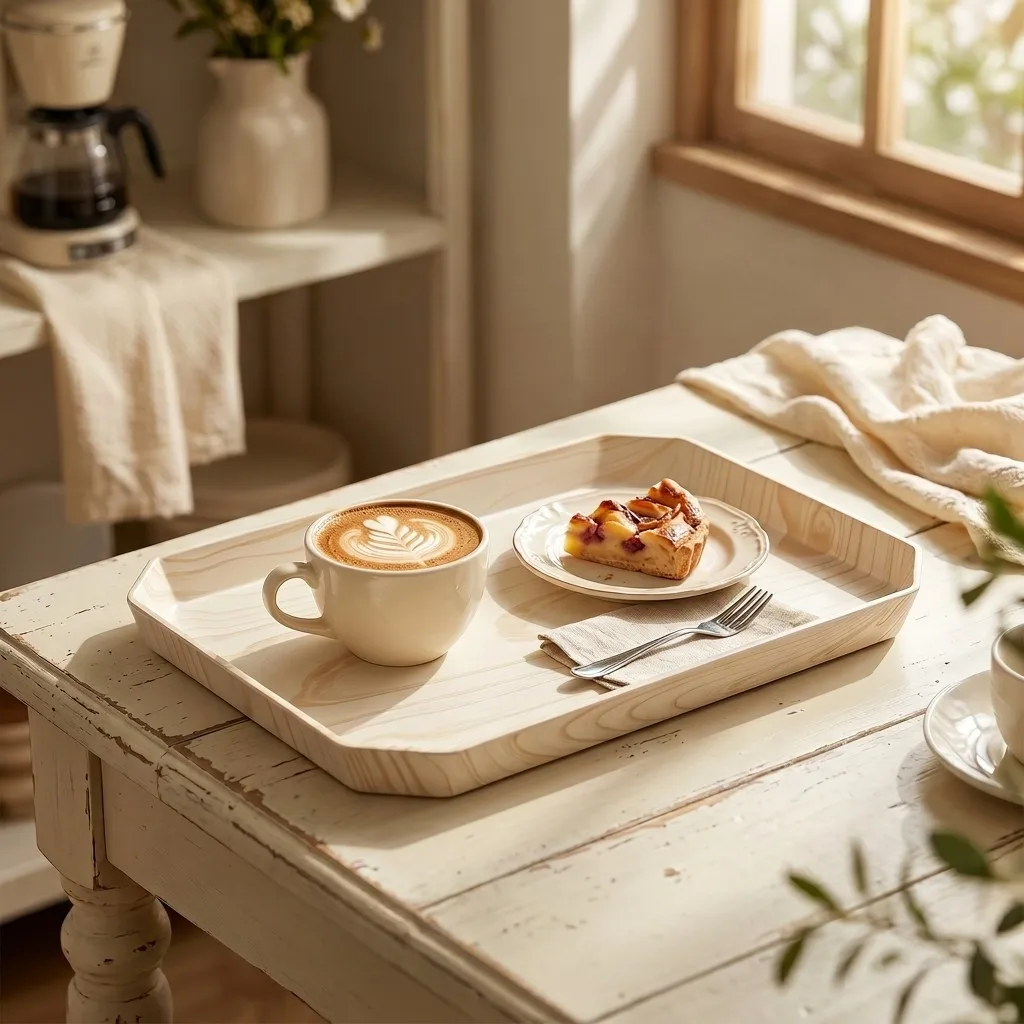 Wood Grain Serving Tray Stackable Plastic Food Plate with Raised Edge Breakfast Coffee Tea Dishes Serving Platters Tableware