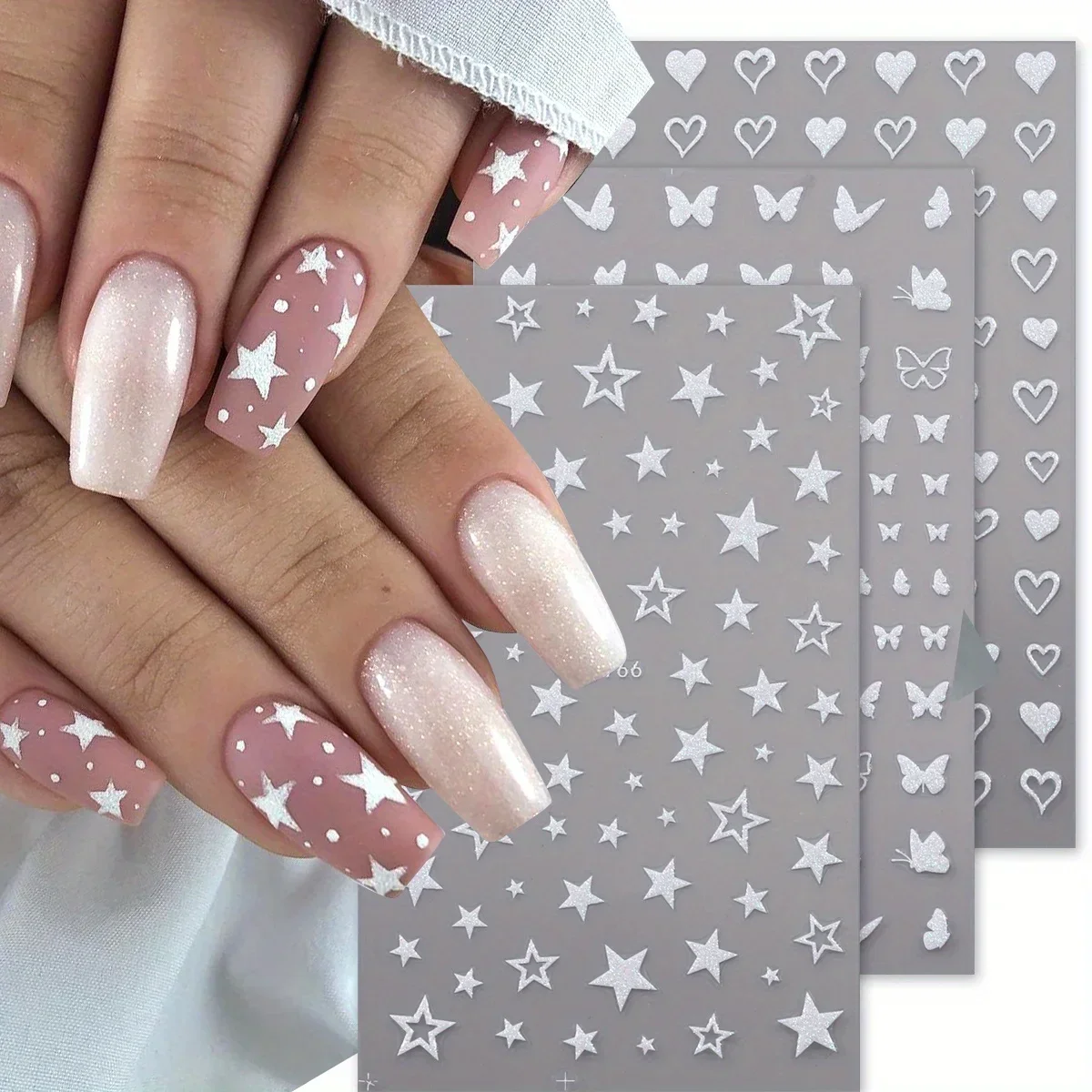 3 pezzi adesivi per unghie olografici glitterati Shimmer cuore bianco stella farfalla design decalcomanie 3D cursori tema kawaii manicure decor