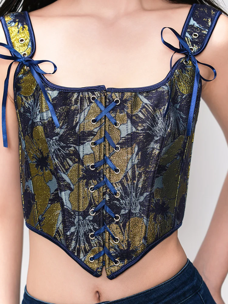 

Lolita Elegant Blue Victoria Corset Women Evening Party Sexy Vintage Print Bustier Top Lace-up Slimming Camisole Y2k Streetwear