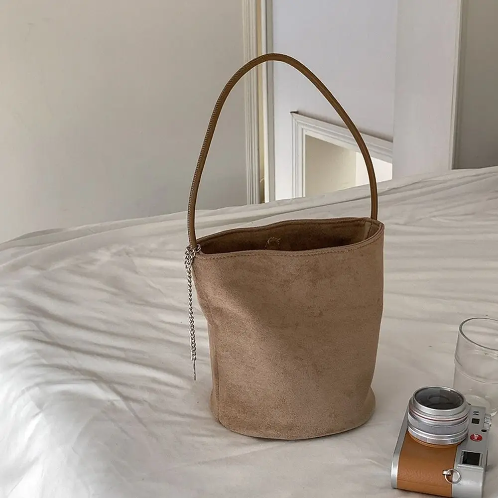 

Vintage Vintage Suede Bucket Bag Pure Color Purse Matte Pu Leather Shoulder Bag Large Capacity Korean Style Underarm Bag Girls