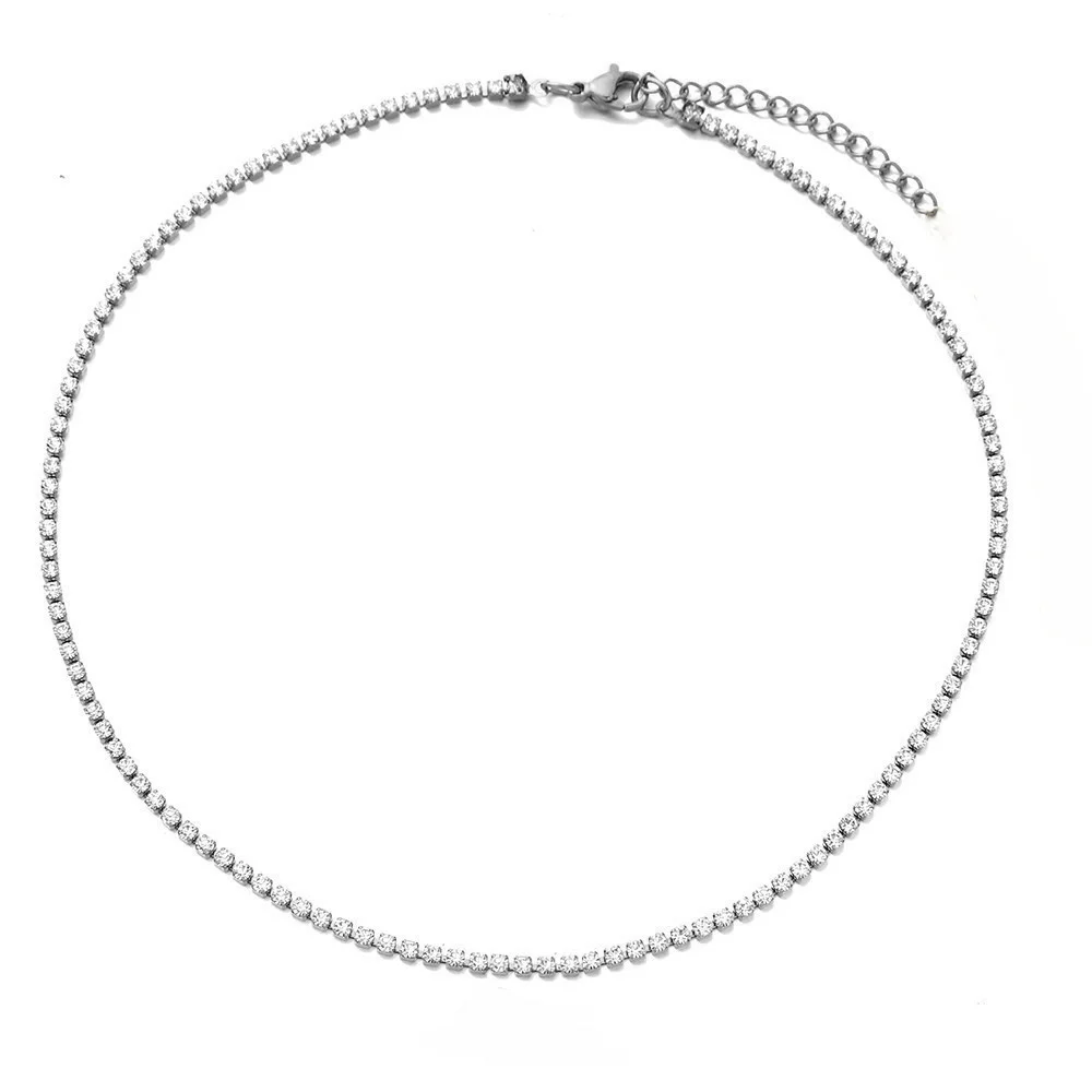 2mm Tennis Chain Choker Necklace Female Silver Color Stainless Steel Iced Out Neck Chain for Women Fashion Party Jewelry Gift