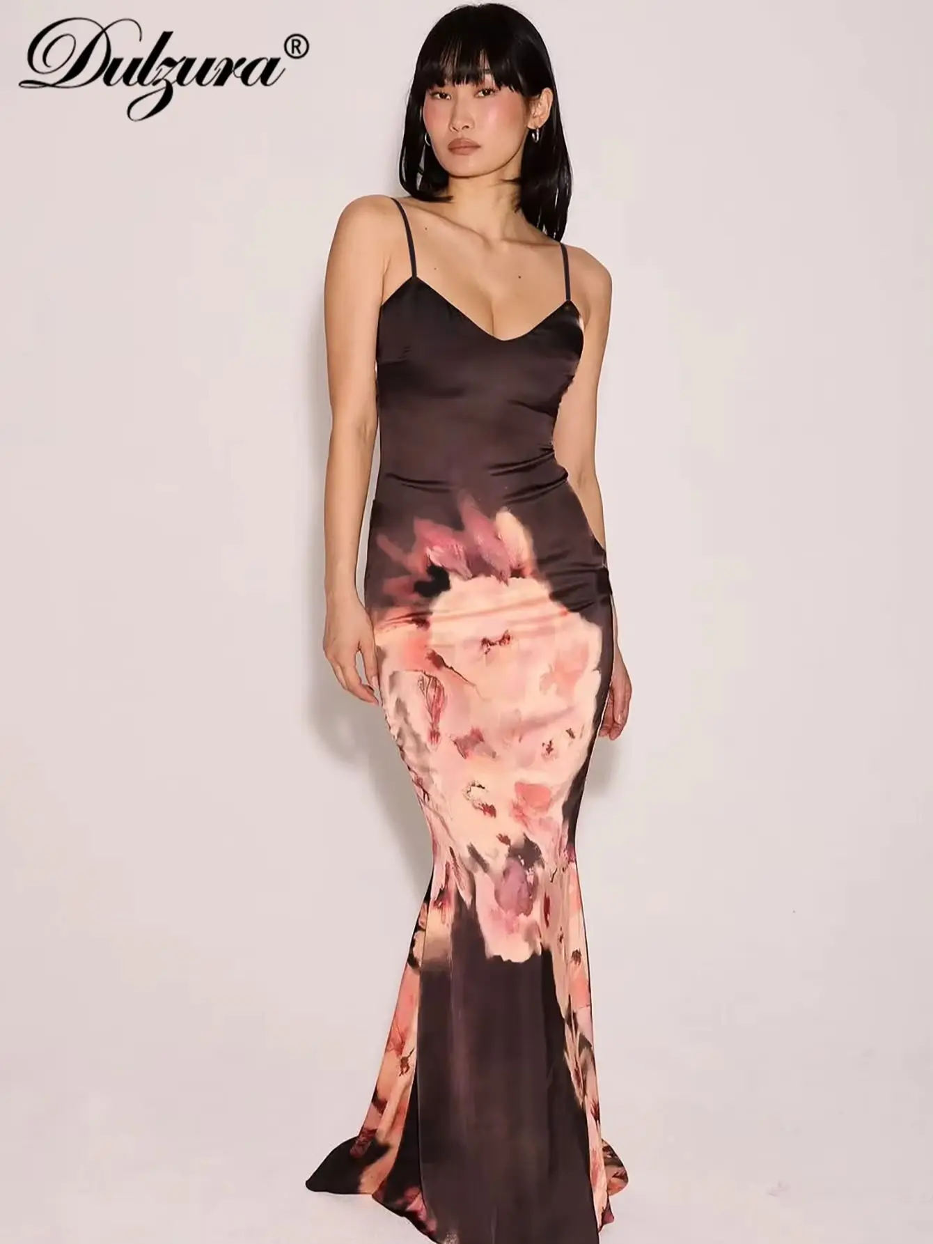 Dulzura bez rękawów obcisła sukienka z odkrytymi plecami nieregularny nadruk Cami Maxi sukienka seksowna elegancka długa sukienka na co dzień odzież klubowa strój letni