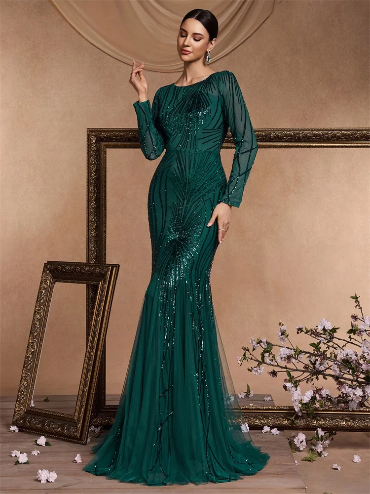 BLUEPLUM eleganti maniche lunghe con paillettes abiti da sera neri da donna di lusso sirena formale damigella d'onore festa maxi abito da cocktail da ballo