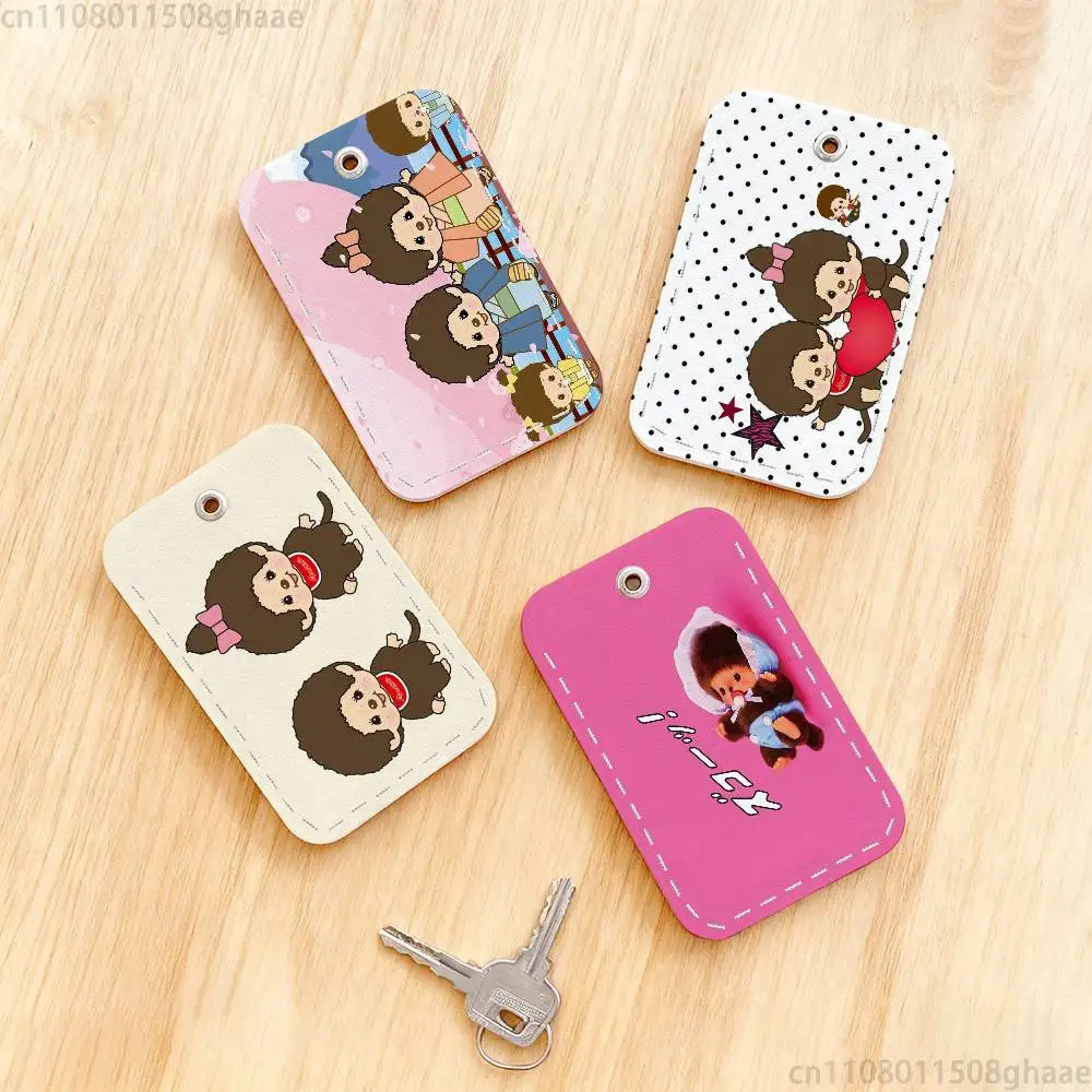 Cute M-monch-hichis  Rectangle Card Case Keychain Access Card Bag Key Tag Ring Leather Card Holder Key Ring Access