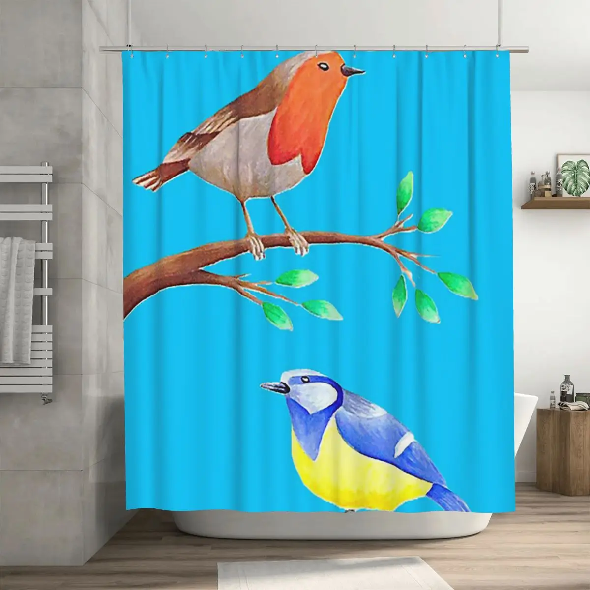 Colourful Birds Design Sky Blue Background Shower Curtain Bathroom Polyester Waterproof Bath Curtains with Hooks
