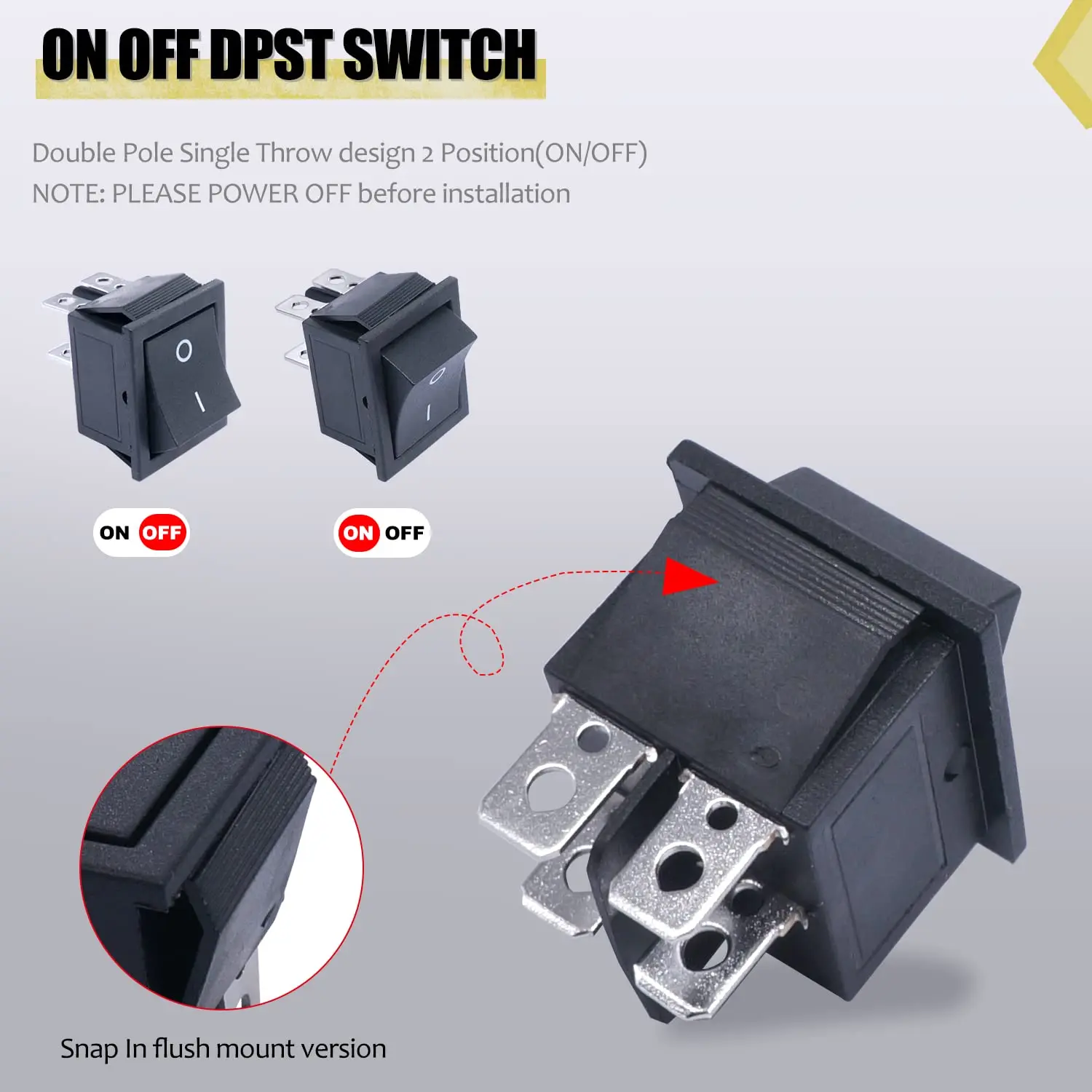 สวิตช์โยก KCD4 10 ชิ้น 4 ขา 2 ตำแหน่ง DPST เปิด-ปิด สีดำ สวิตช์โยกเรือขนาดเล็ก 20A 125VAC 16A 250VAC แบบกดติดตั้ง