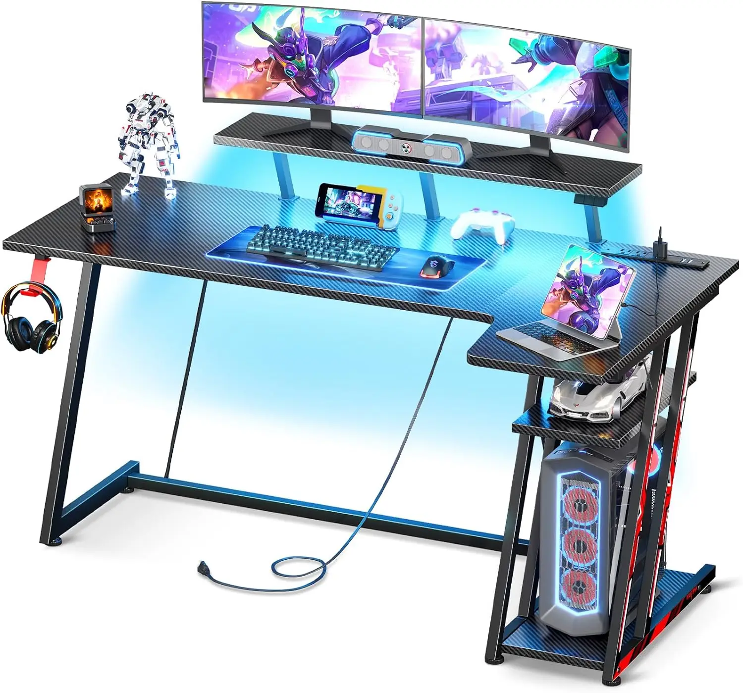 

Gaming Desk with LED Lights & Power Outlets, 39/47/55 Inch L Shaped Gaming Computer Desk with Storage Shelf & Monitor Stand