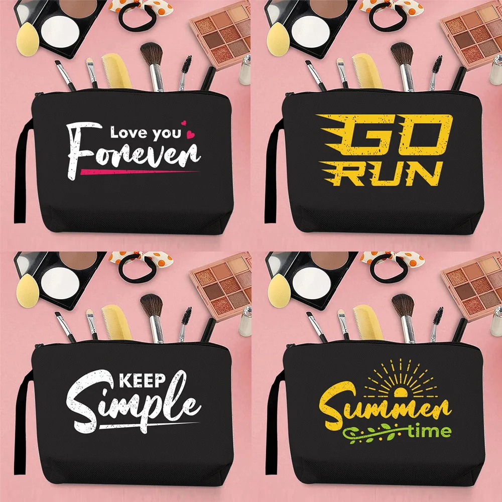 

2026 Street Personality Ladies Storage Cosmetic Bag Phrase Pattern Printed Commuter Travel Canvas Black Coin Card Holder Clutch