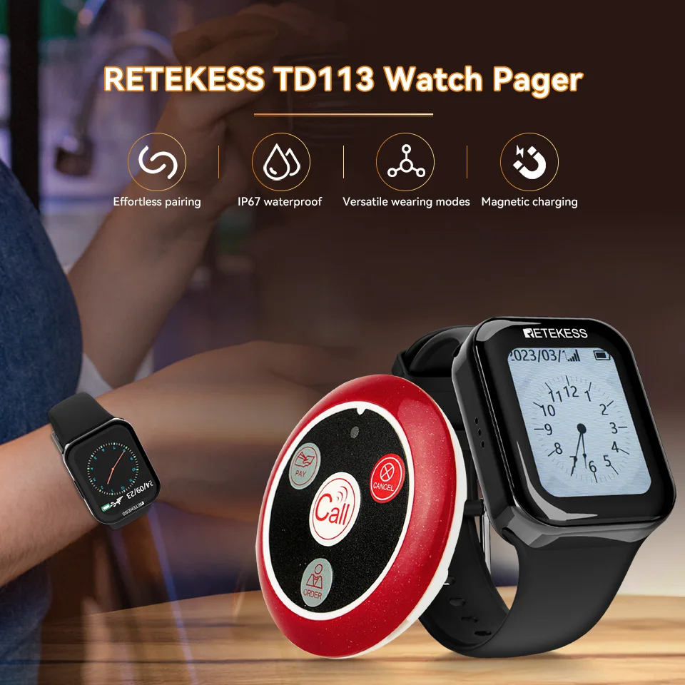 Retekess Restaurant Pager Waiter Calling System 1 psc TD113 Watch Receiver 5 psc T117 Call Buttons