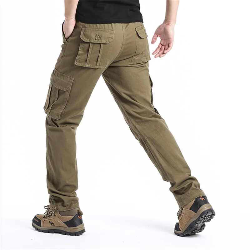 Large Pocket Loose Overalls Men\'s Outdoor Sports Jogging Tactical Pants Elastic Waist Pure Cotton Casual Work Pants