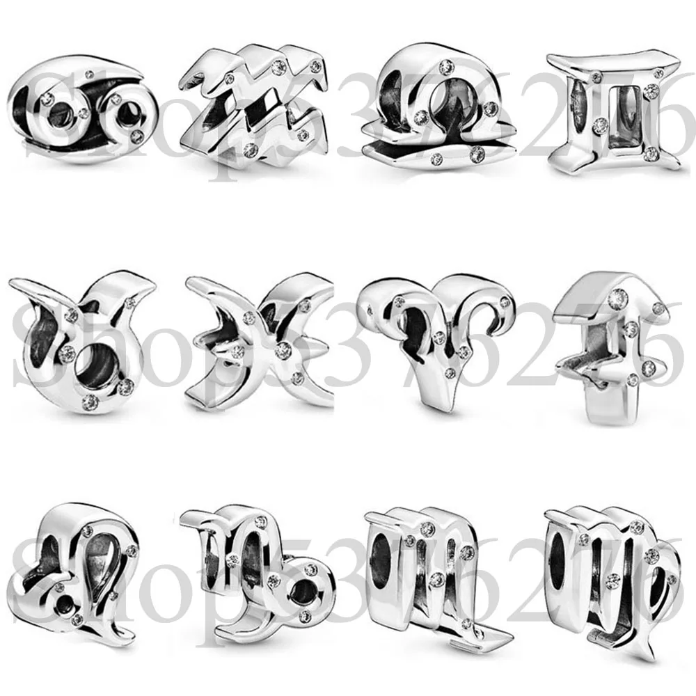 925 Sterling Silver Bead 12 Sparkling Zodiac Aquarius Aries Cancer Leo Charm Fit Fashion Women Bracelet Bangle Gift DIY Jewelry