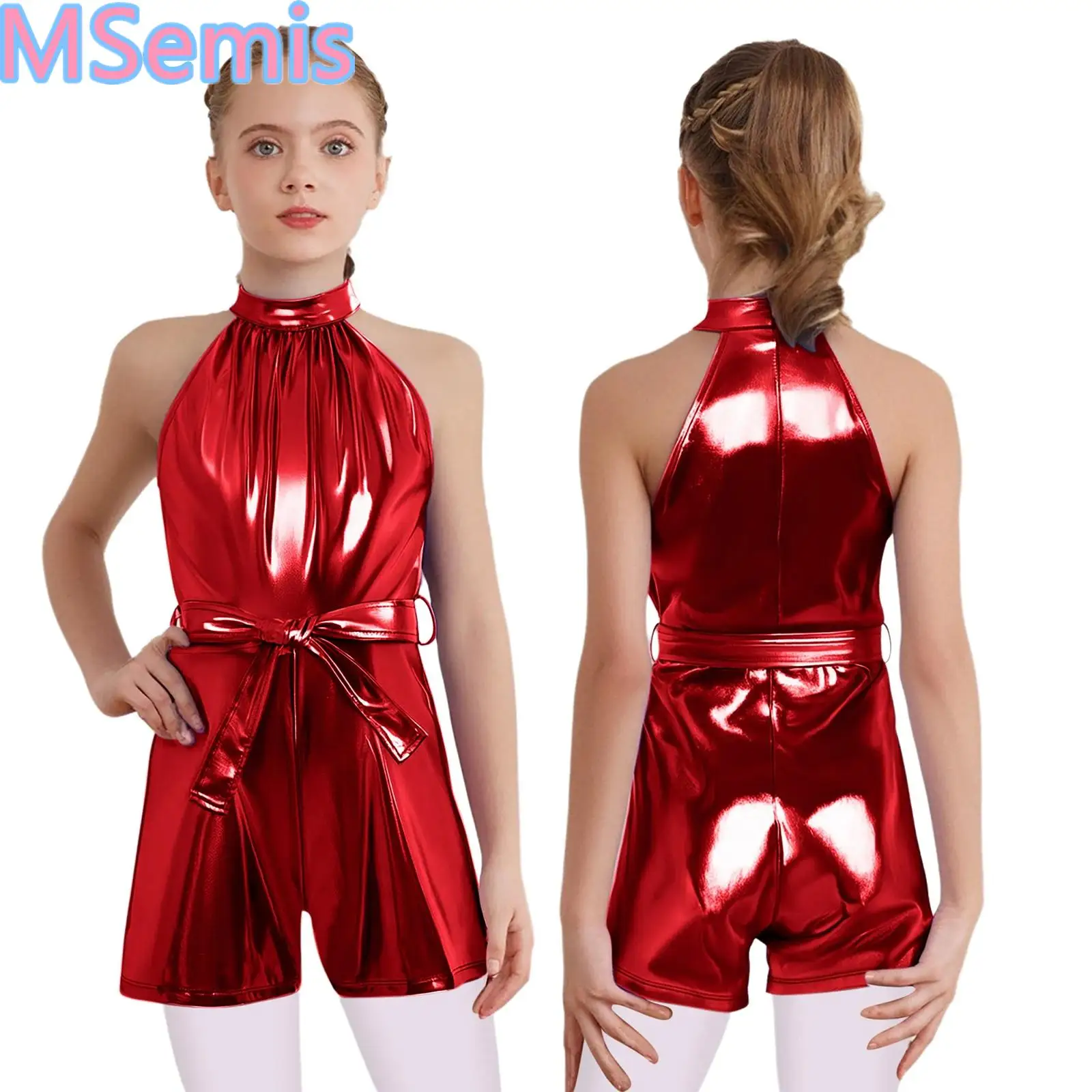 

Kids Girls Shiny Rompers Halter Sleeveless Metallic Back Invisible Zipper Jumpsuits with Belt for Birthday Party Photography