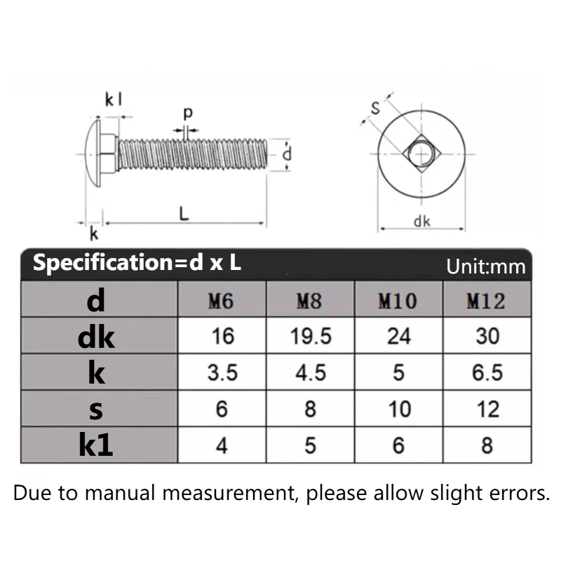 M6 M8 M10 M12 304 Stainless Steel Carriage Bolt Round Head Square Neck Screw Length 12mm to 100mm DIN603